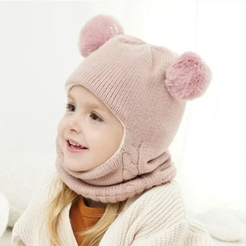 Breathable Warm Hats Two Ball Ear Protection Caps Autumn and Winter Baby Knitted Hat Windproof Head Full Face Neck Cover