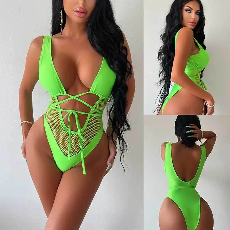 2026 New Euro-american swimsuit black mesh hollowed out lace-up one-piece swimsuit sexy tight swimsuit bikini spot wholesale