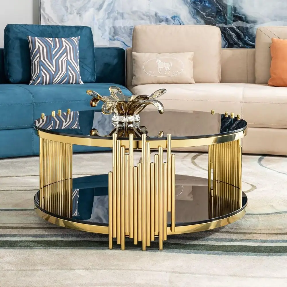 

Роскошный журнальный столик из черного и золотого стекла с ножками из нержавеющей стали и двухслойной конструкцией для гостиной