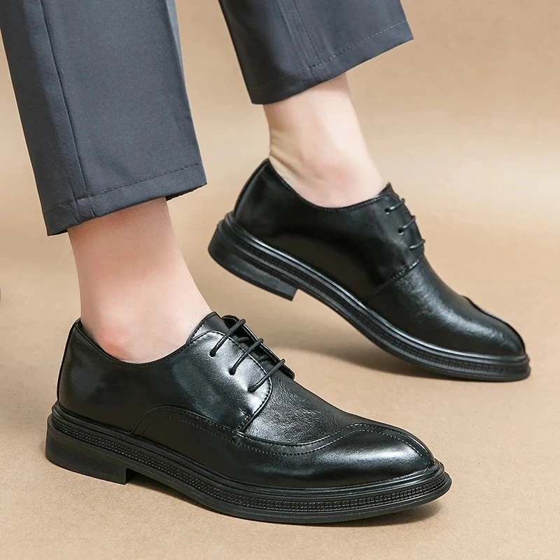 British Style Men's Lace‑up Pointed Toe Spliced Formal Leather Shoes Business Wedding Male Daily Shoes Anti Slip Driving Shoes