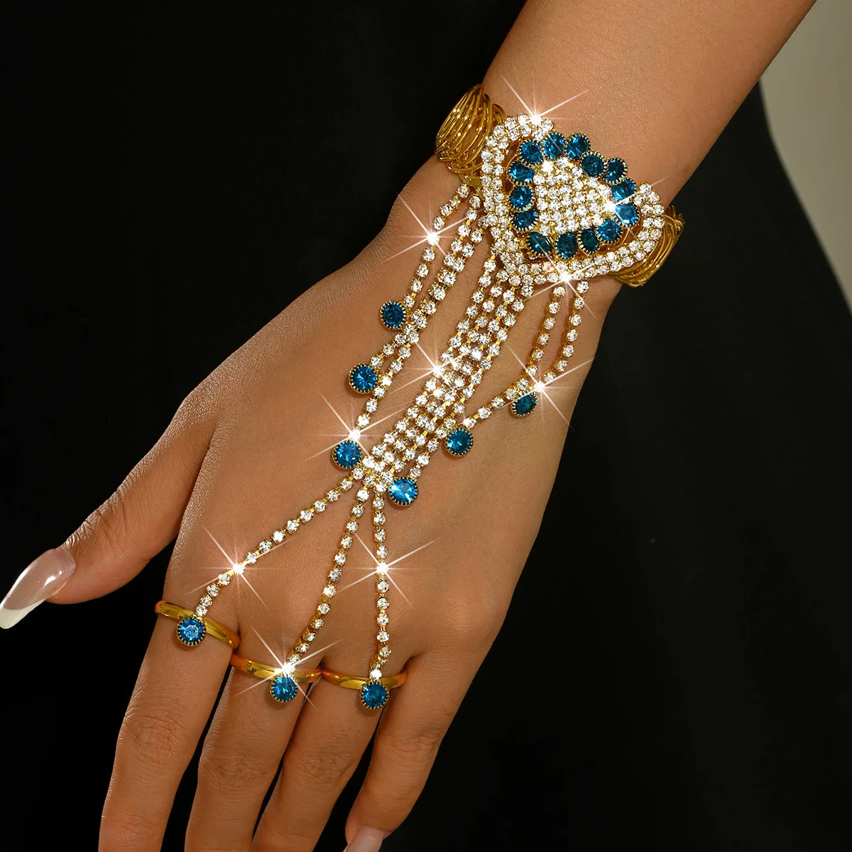 Gold Tone Lake‑Blue Rhinestone Heart Tassel 2PC Hand Harness With Connected Rings For Bride Bridesmaid Wedding Evening Gown Part