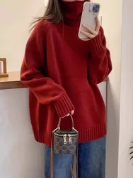 Red turtleneck 100 pure cashmere sweater for women Autumnwinter loose European thickened New Year red rolled hem sweater