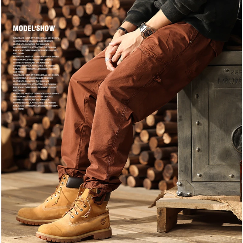 JAYSCE 2024 Spring Men\'s Casual Cargo Pants Fashionable Loose High Street Style Brown Trousers Micro Elastic Straight Leg Pants