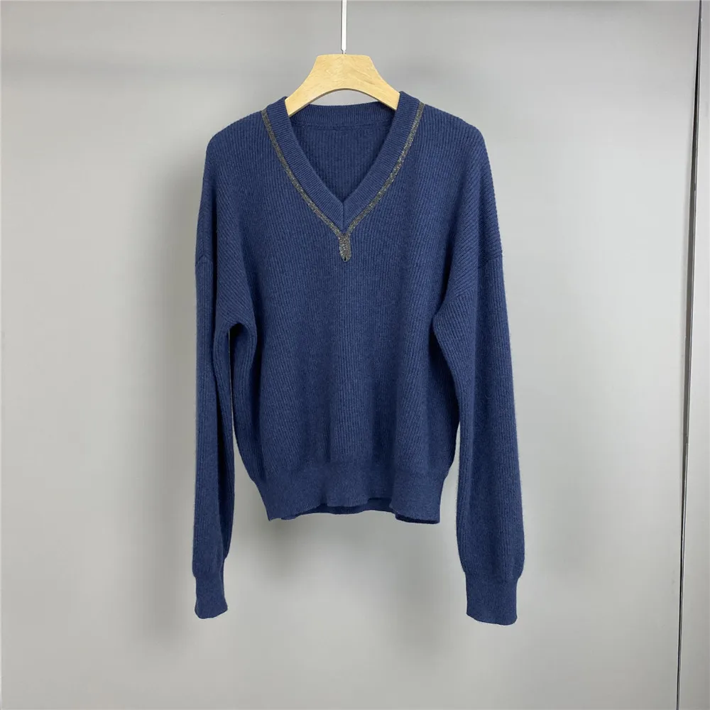 

25 Autumn/Winter New V-Neck Heavy Duty Chain Cashmere Wool Knitted Fashion Women's Pullover
