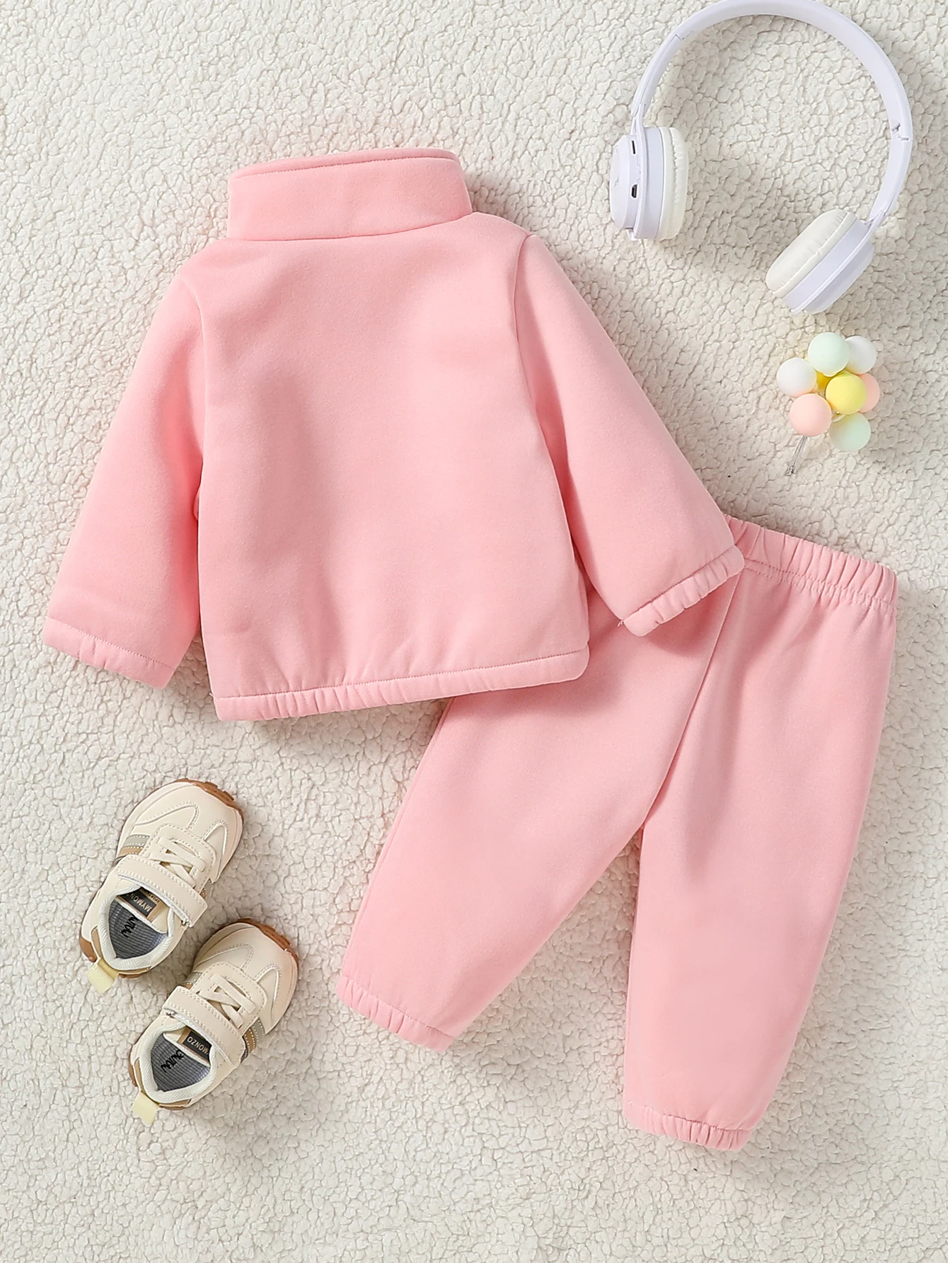 Winter Children Sets 1-3Y Baby Girls Pink Thick Fleece Turtleneck Long Sleeve Pullover Solid Casual+ Long Pants Suits