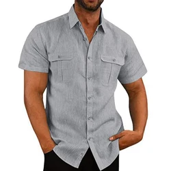 Camisa de algodão com botão de linho masculina, moda vintage, bolsos de férias, lapela casual, manga curta, tops soltos, sólido, verão