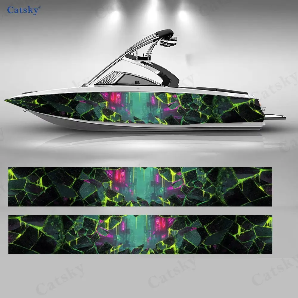 Pegatinas Fluorescentes para Barcos con Diseño de Ciudad Cibernética Agrietada, Vinilo Impermeable de PVC para Embarcaciones de Pesca, Diseño Duradero y Elegante