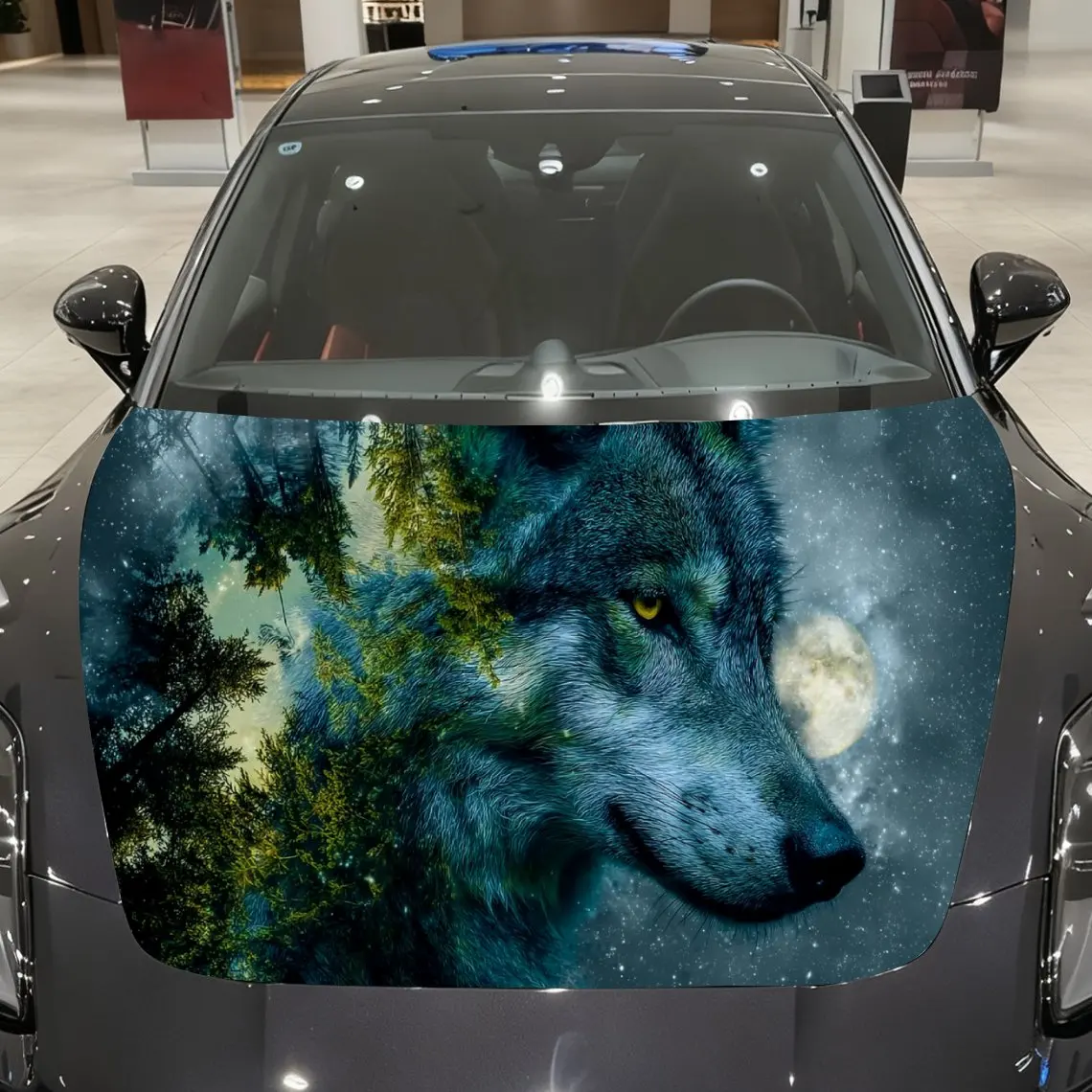 

Moonlit Sky Wolf Shadow Car Vinyl Wrap, PVC Material Waterproof Car Hood Sticker, Self-Adhesive Scratch-Resistant Stickers for E