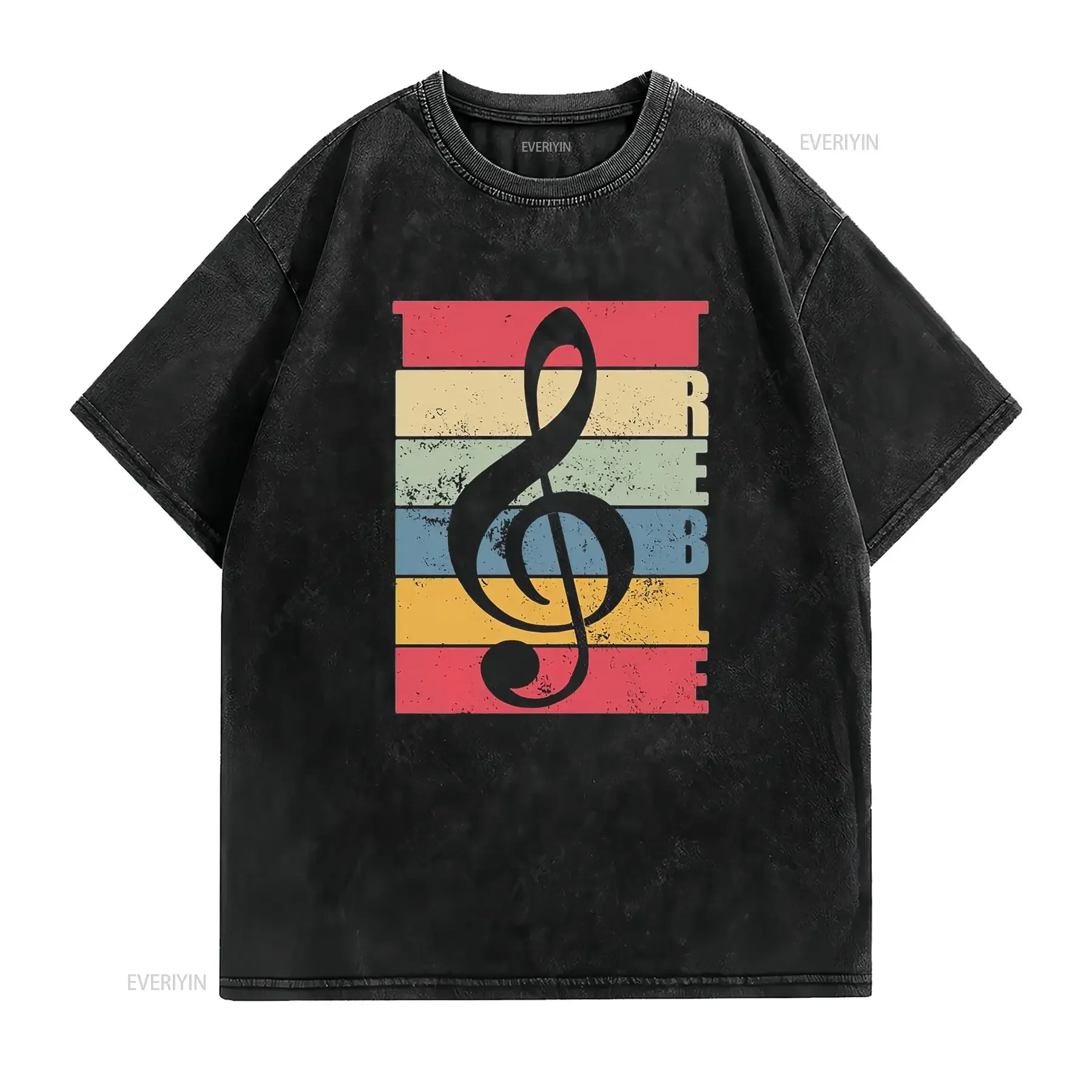 Distressed Treble Clef Silhouette Music Note Design  Womens T Shirt Black Small vintage Washed Top For Everyday Wear Breathable