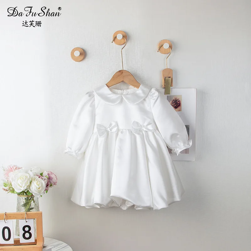 

Korean Style Girls' Spring and Autumn White Mori Dress Early Autumn Children's Clothing Baby Girl Long Sleeve New Pleated Lace L