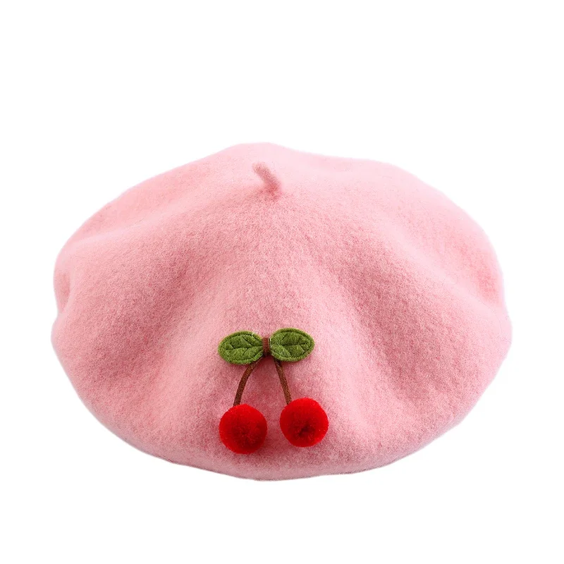 New Vintage Mori Lady Handmade Cherry Wool Beret Soft Girl Sweet Temperament Bud Hat Painter Hat