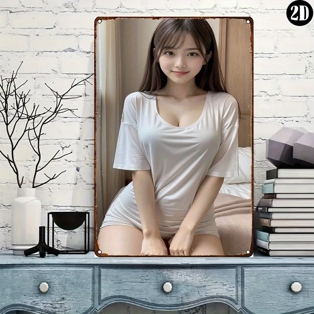 Vintage Metallschild mit süßer asiatischer Frau – Retro-Mädchen mit langen braunen Haaren und Pony in weißem Kurzarm-T-Shirt-Kleid, P