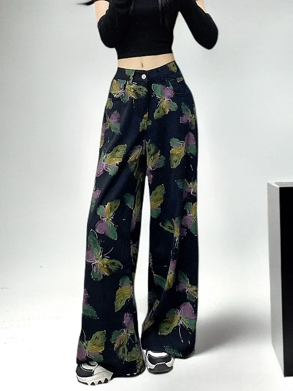 

Retro American Print High Waist Bla Denim Jeans Women's Spring Autumn ular New Sle Long Pants Casual Wide Leg