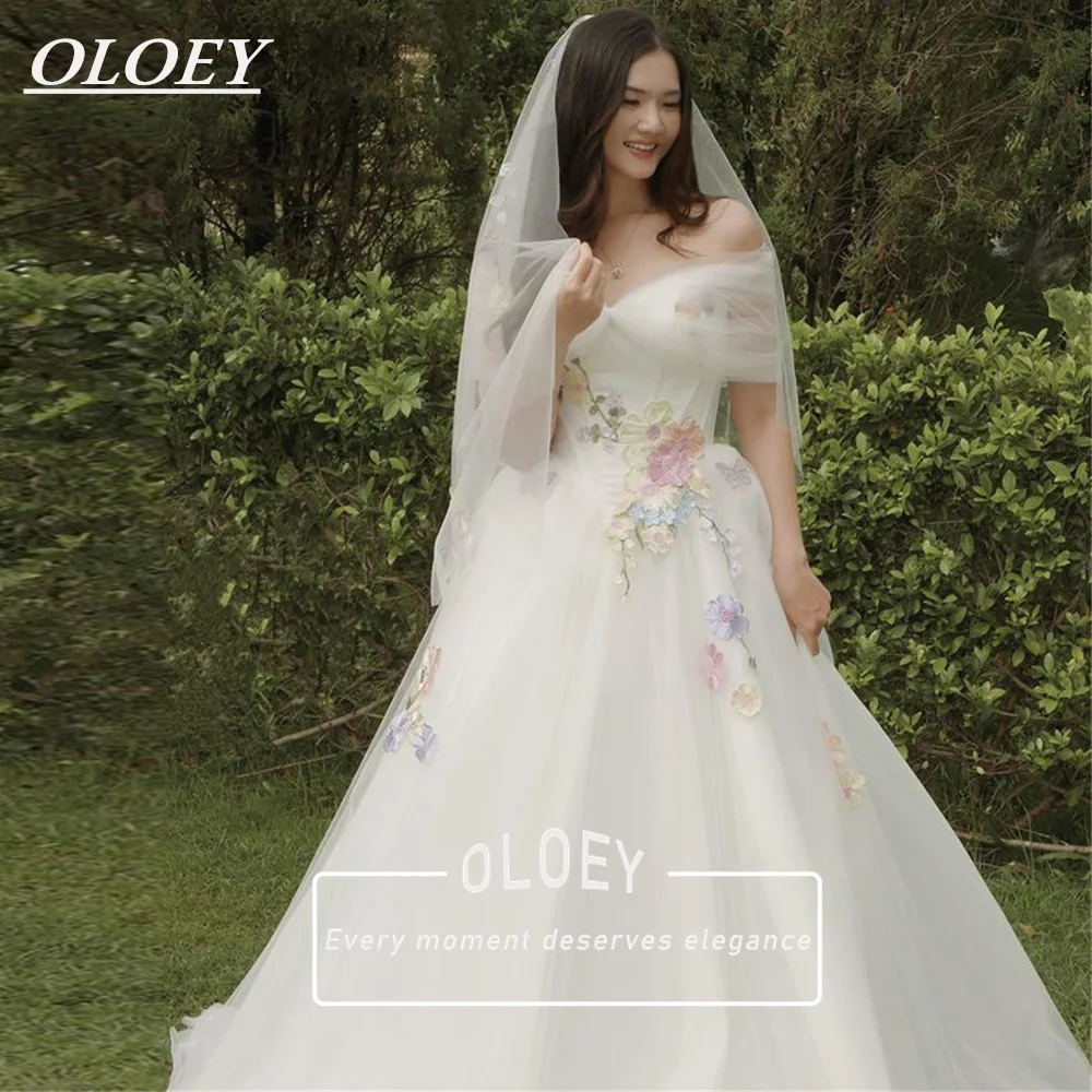 Vestido de Novia OLOEY con Flores de Hadas, Estilo Línea A, para Sesión de Fotos en Corea, Hombros Descubiertos, Tul Suave, Largo hasta el Suelo, Corsé Personalizado