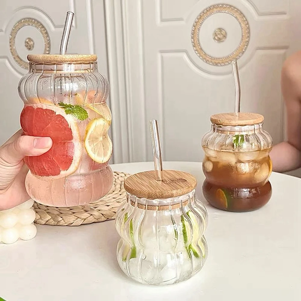 Glass Coffee Cups With Lid and Straw Mason Jar Clear Juice Milk Cup With Bamboo Lids Drinkware Simple Stripe Milk Mocha Cup