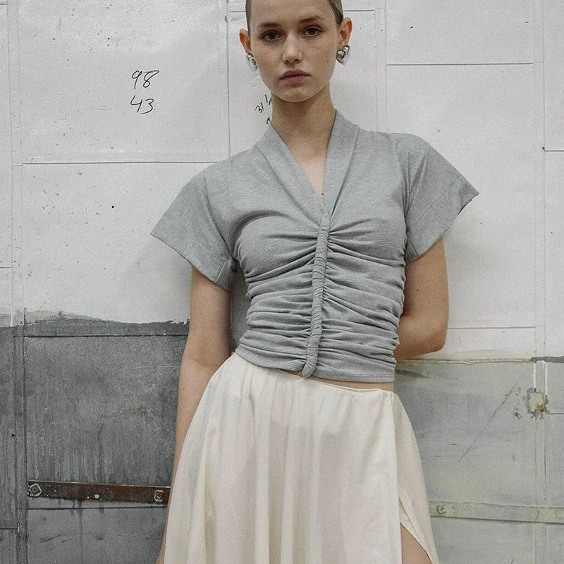 CUTENOVA Frauen Taille Schlank Design V-ausschnitt Einfarbig Kurzarm T-Shirt Sexy Schrumpfen Plissee Top Mode Vielseitig Casual Top