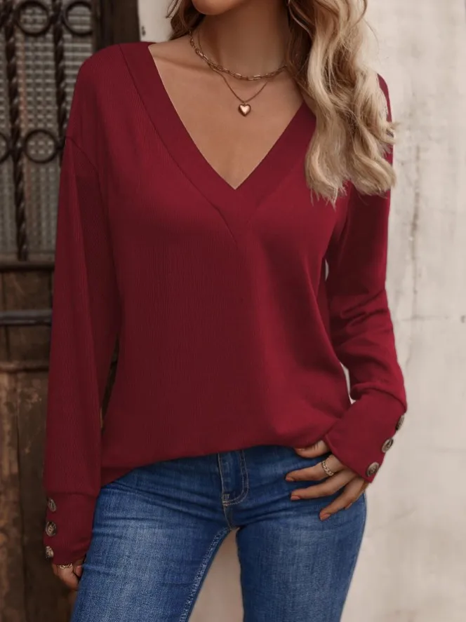 

New Women's T-shirt Buttoned Long-sleeved V-neck Loose Solid Color Casual Elegant Basic Y2k Top for Women