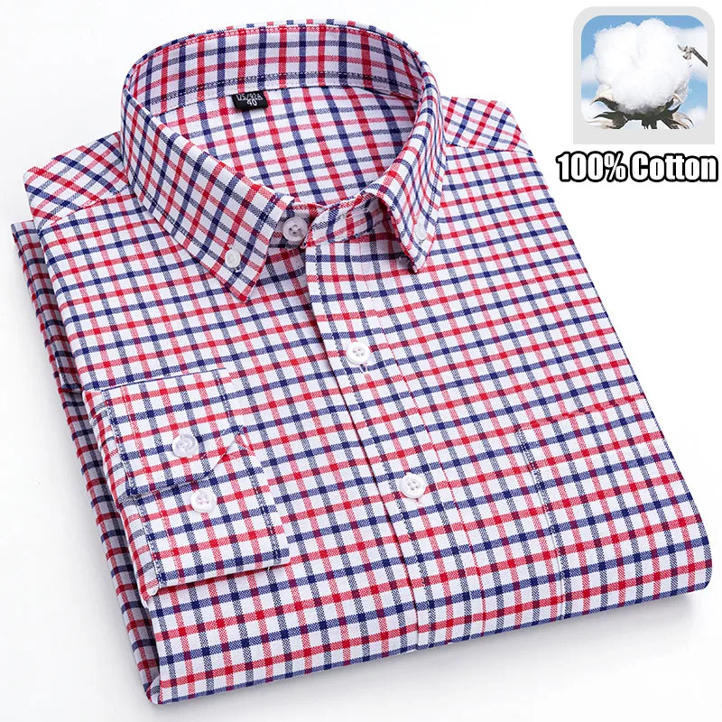 100% Cotton Breathable Men Oxford Long Sleeve Casual Plaid Shirt Striped Male Clothes Business Regular Fit New In Tops Plus Size