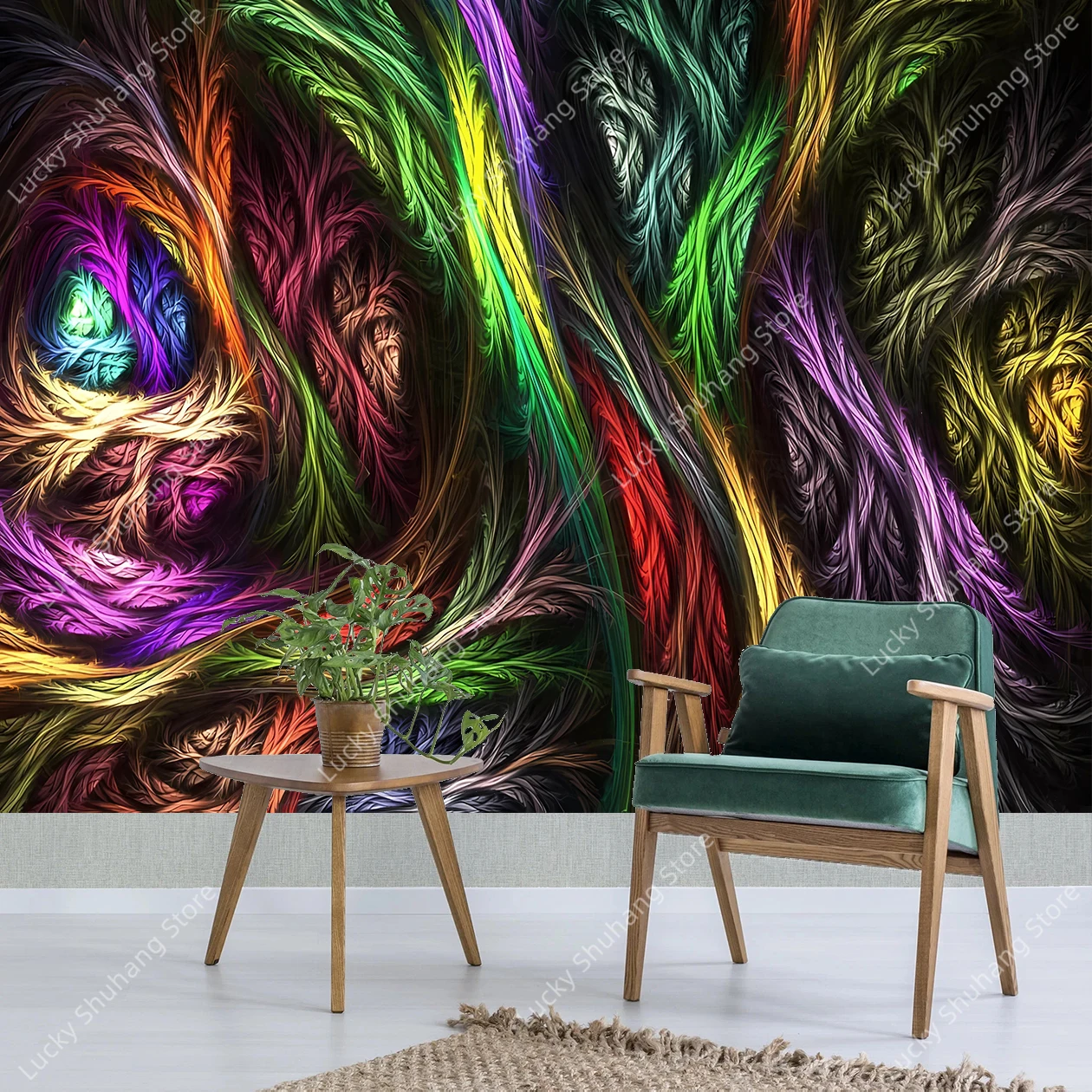 

Bohemian Abstract Wall Tapestry Wool Blend Floral Swirls Hypnotic Patterns Neon Rainbow Charcoal Modern Home Dormitory Decor Art
