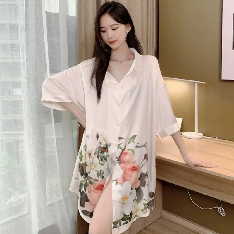 Women Summer One Piece Dress Short Sleeve lapel Cardigan Pajamas Thin Sexy Loose Cartoon Printing Shirt Skirt Big Size Girls