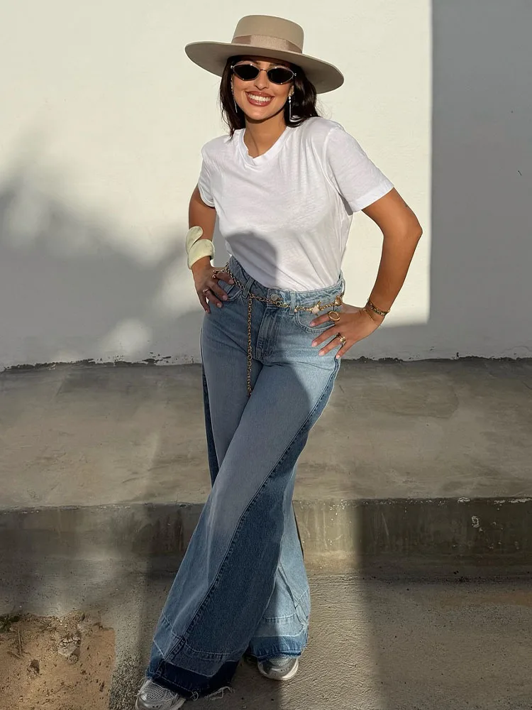 TRAFZA 2025 Women Spring New Streetwear Style Patchwork Jeans High Waist Pockets Button Zipper Long Pants Women's Fashion Jeans