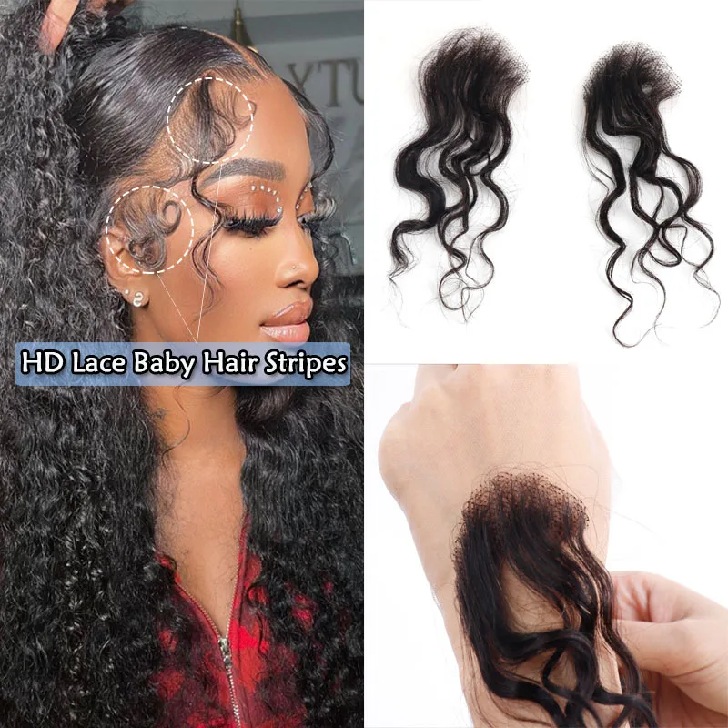 HD Crystal Lace Baby Hair Stripes 100% Human Hair Baby Hair Edge Curly Body Wave Swiss Lace Hairline Baby Hair Strips For Women