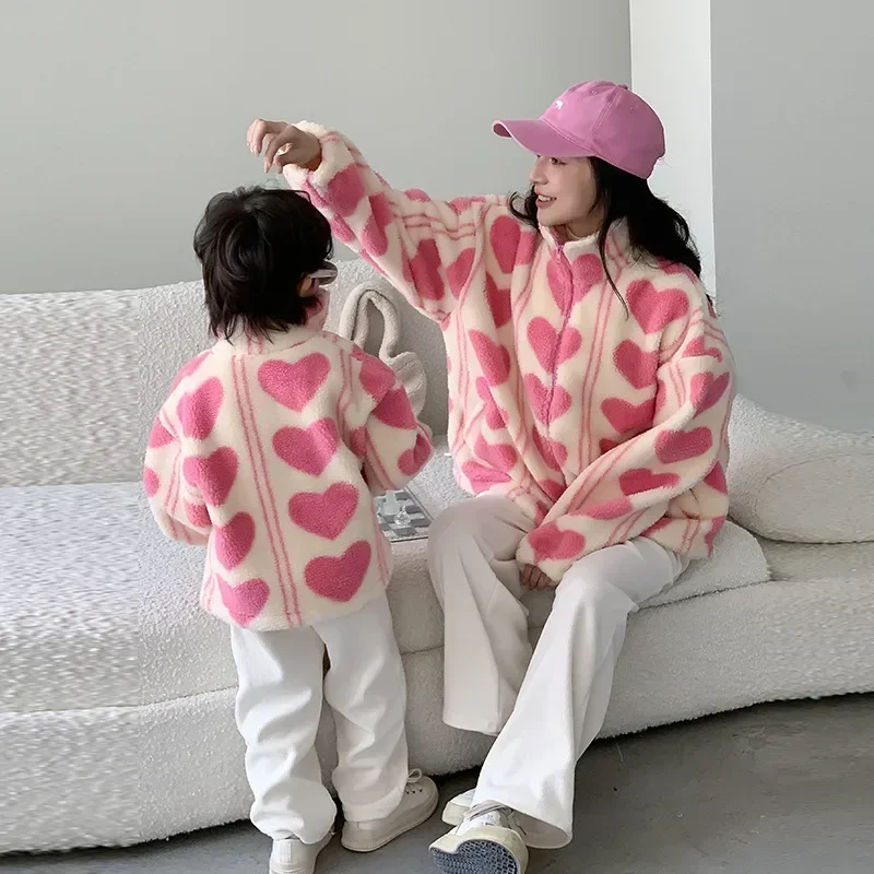 Mother and Dughter Pink Thick Coat Winter Warm Woman Fleece Jacket Mom and Son Matching Sweatshirts with Zipper Baby Outerwear