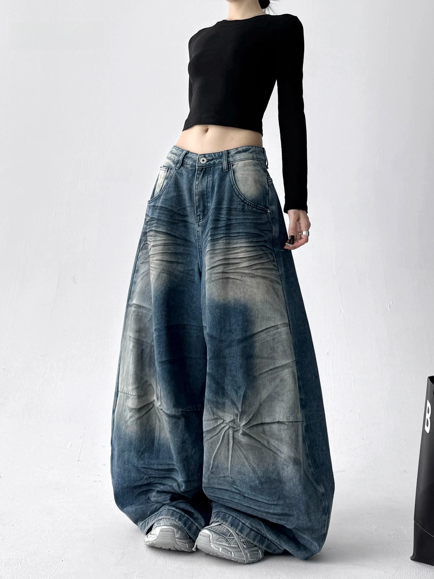 

Vintage Waed Distred Denim Jeans Women's Loose Fit Casual Wide Leg Pants Autumn 2025 New Sle Low Waist Cotton Blend