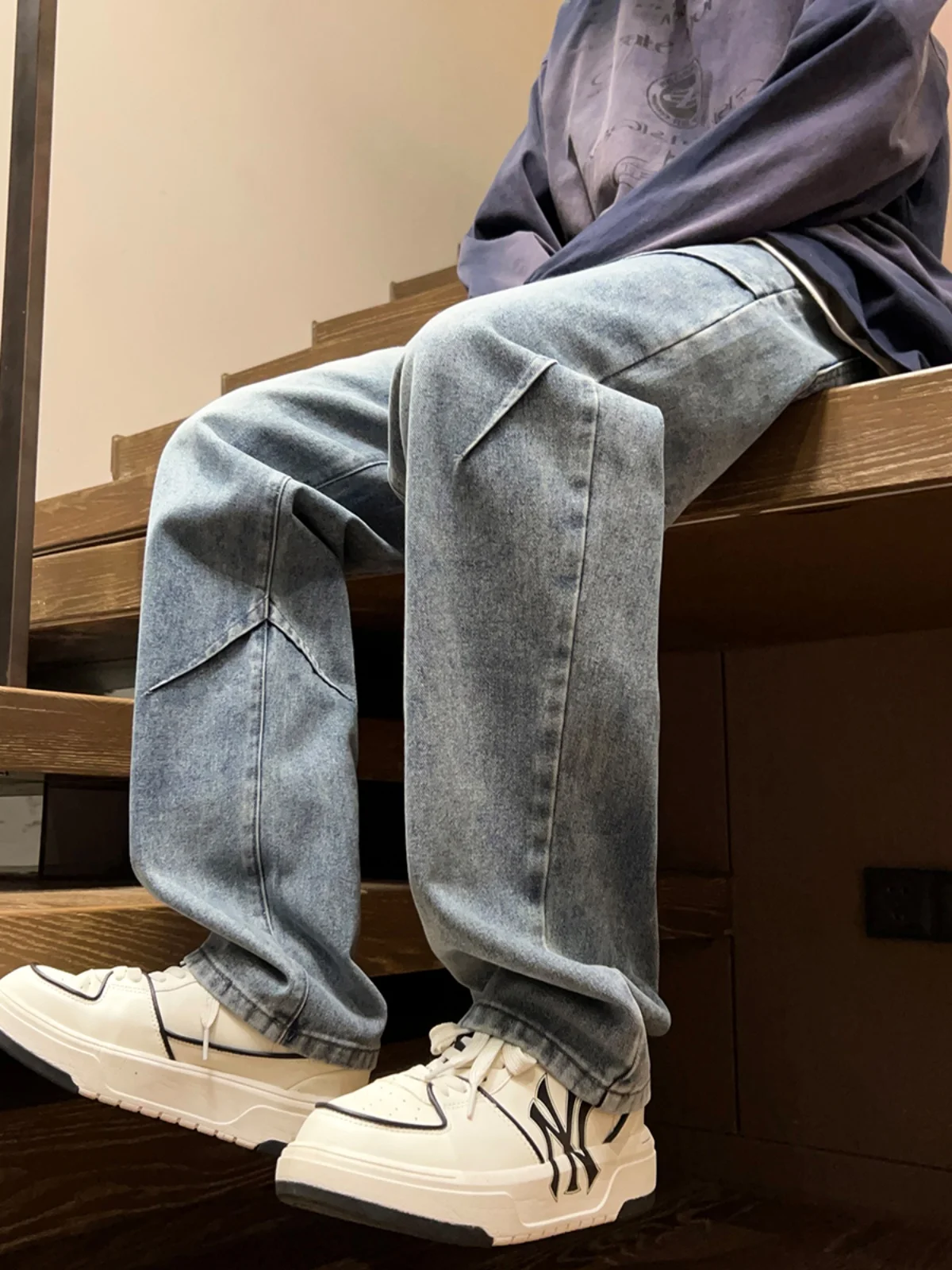 

Men's Loose Straight Leg Jeans High Street Sle Faded Waed Wide Leg Long Trousers Trendy Autumn Spring Seasonal Wear