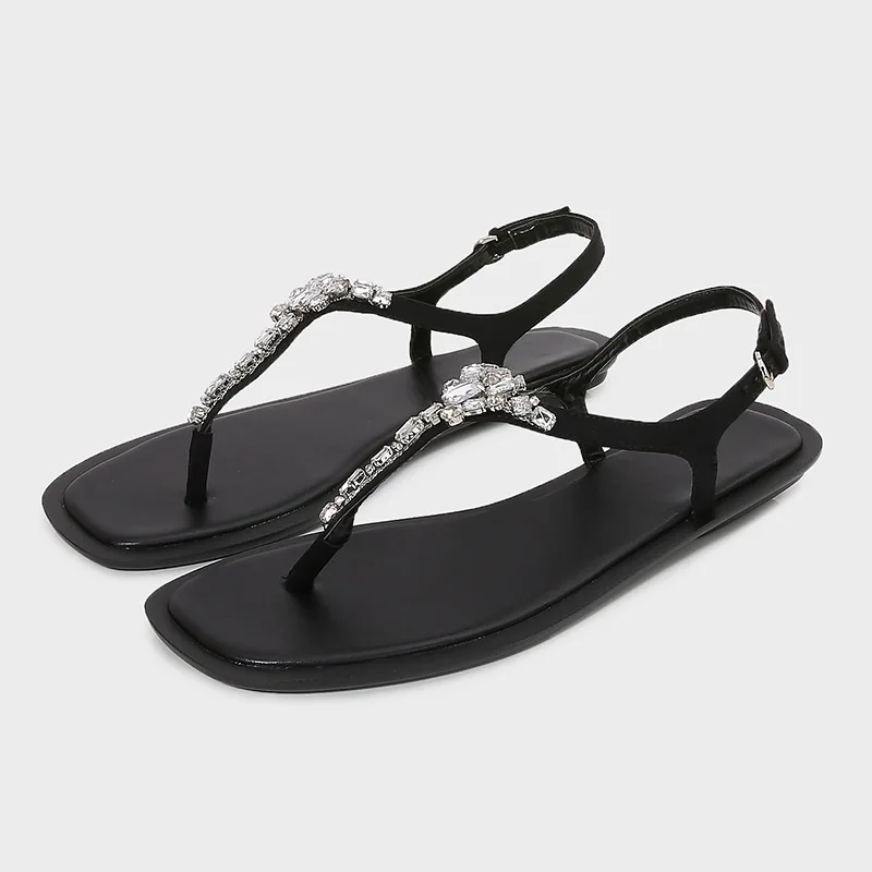 

2026 Summer New Women Sandals Luxury Brand Design Crystal Decoration Clip-toed Sandals Casual Vacation Beach Flat Sandals Female
