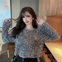 Fashion Sequined Long-sleeved T-shirt Women's Round Neck Waist Short Y2k Top