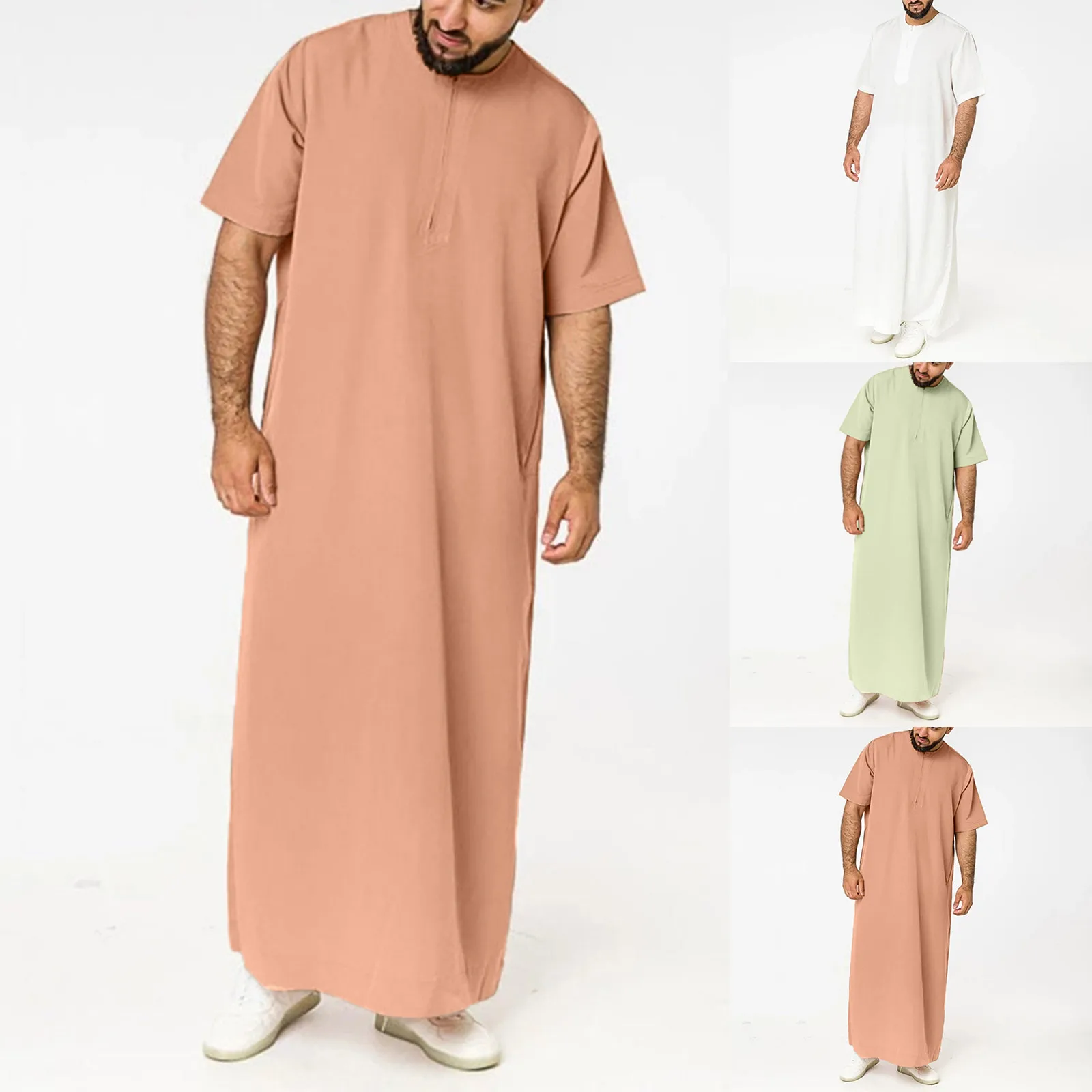 

Mens Robes Solid Color Saudi Style Zipper O Neck Jubba Thobe Man Vintage Short Sleeve Muslim Arabic Islamic Clothing Ramadan