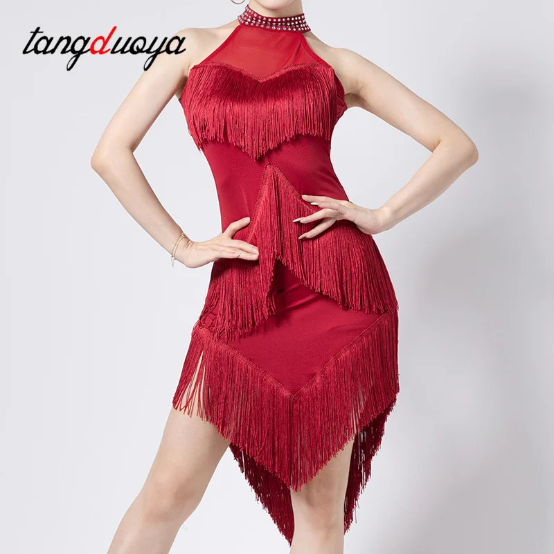 Vestido de baile latino para mujer, trajes de escenario negros con borla de Salsa, halter, Rumba/Samba, Ropa de baile para Fitness