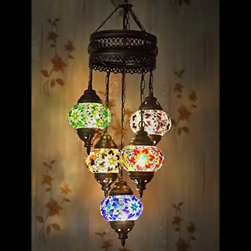 LaModaHome 40 + Unique Colors, 2020 Customizable Chandelier 5 Globes + Free 5 Bulbs, stunning Mosaic Turkish Lamp Moroccan Light