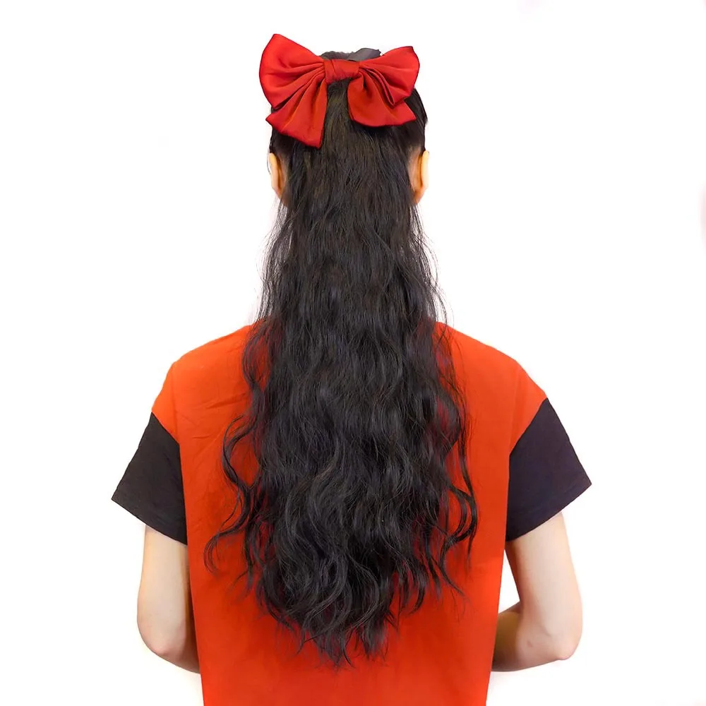 

Bow Ponytail Hair Extensions Long Wavy Straight Synthetic Hairpiece with Red Bow for Women Girls Ladies Sweet Daily Party Use
