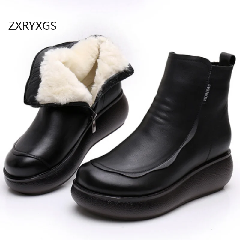 

ZXRYXGS Top Cowhide Short Plush / Wool Winter Boots Wedges Thick Sole Comfort Warm Snow Boots 2026 Big Size Women Trendy Boots