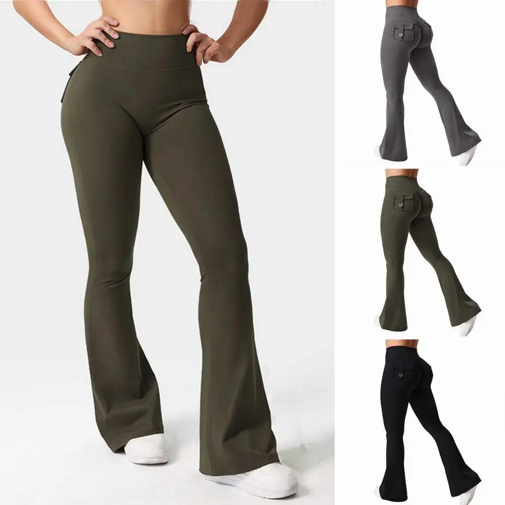 

Women Flared Yoga Pants Solid Color Flared Yoga Pants with Pockets for Women Slim Fit Cargo Style Ruched Long Pants Thin Elastic