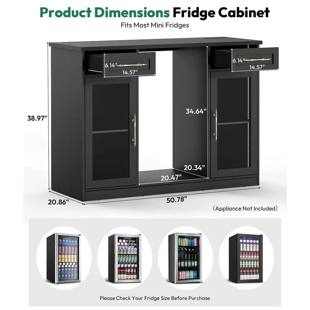 Coffee Bar Cabinet with Fridge Space, LED and Outlet, Black