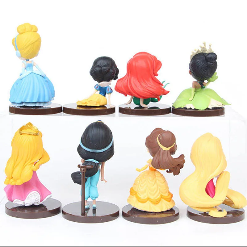 8pcs/set Disney Q Version Princess Cartoon Figures Doll Toys Snow White Rapunzel Ariel Cinderella Belle Mermaid Model Decoration