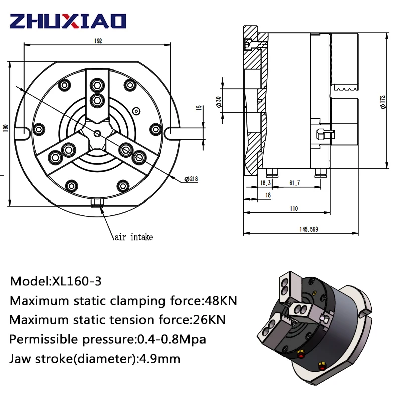 Zhuxiao 6 Inch Vertical Solid Pneumatic Chuck XL160-3 Air Lathe Chucks Fixture For Drilling Milling Tapping Machine 