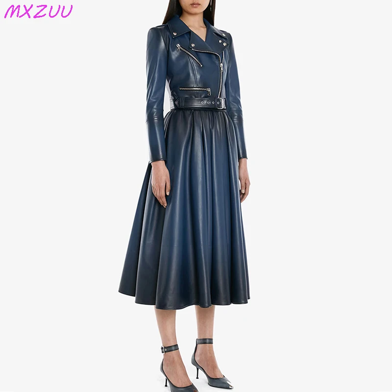 Skirt Sets Autumn Female Genuine Leather Short Gradual Color Zipper Locomotive Jackets Suit Sheepskin Long Maxi Skirts for Women