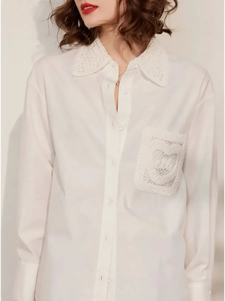 LOUIS YAO Women Shirt 2024 Spring Hollow Out Lace Blouses Turn Down Collar Long Sleeve Elegant Casual Loose White Shirt