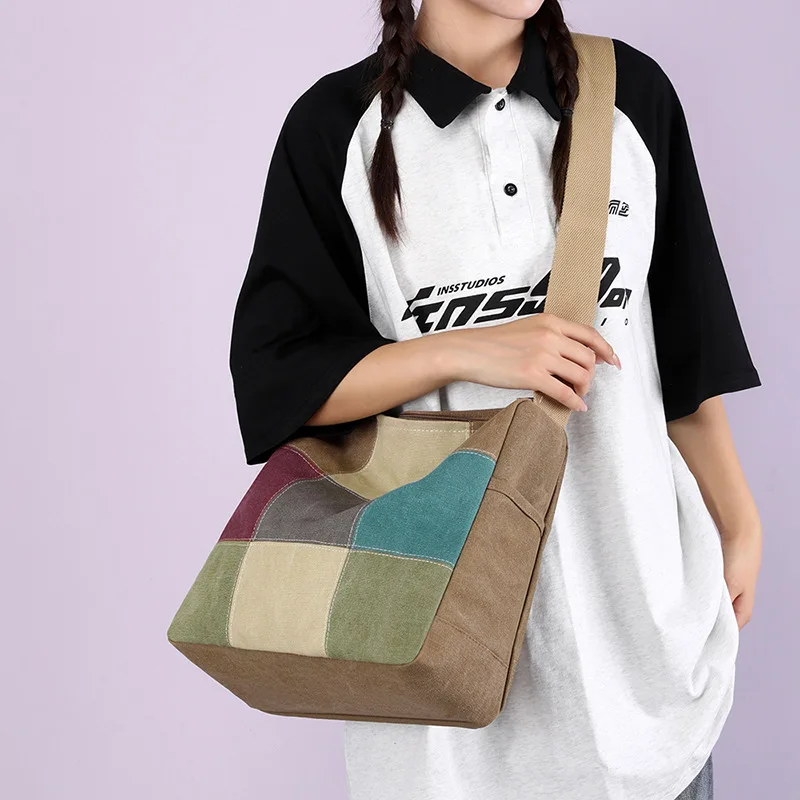 

Canvas Bag New Women's Single Shoulder Crossbody Sports Bag Multi-pocket Travel Large Bag Patchwork Casual Handbags Plaid Totes