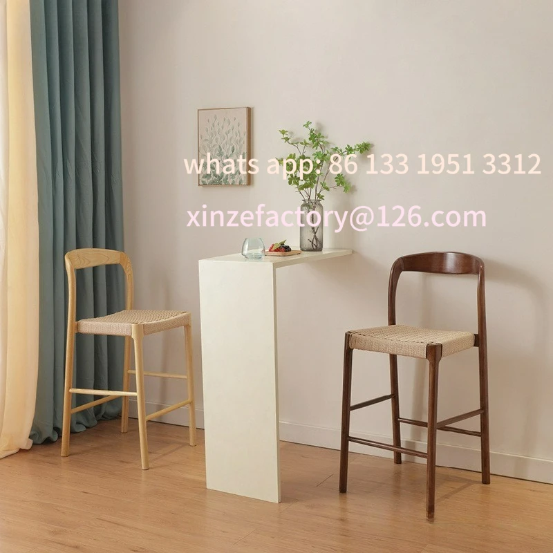 Customizable Solid Wood Household Island Chair White Wax Wabi Sabi Wind Rope Knitted Dining Chair