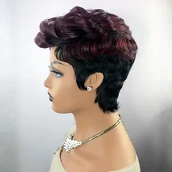 Parrucca bordeaux Pixie Cut per le donne capelli umani 1 b99j # parrucca corta onda riccia Pixie Bob parrucche parrucca corta fatta a macchina piena con frangia