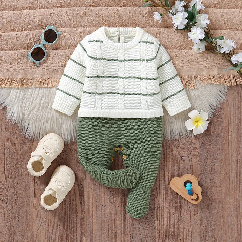 Newborn Baby Romper Knitted Infant Girl Boy Kid Clothes Long Sleeve 0-9M Overalls Autumn Jumpsuit Fashion Striped Foot Wrap Warm