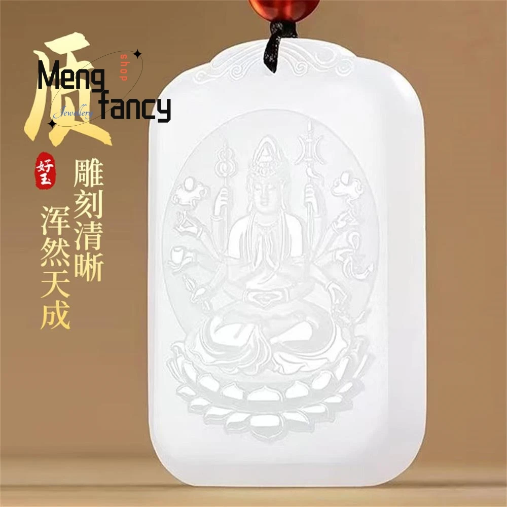 Natural Afghan White Jade Thousand-Hand Guanyin Pendant Buddhist Amulets National Style Fashion Jewelry Exquisite Holiday Gifts