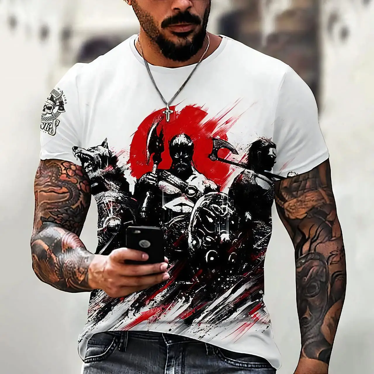 Kaus Pria Gambar Cetak Prajurit Viking 3D Lucu Pakaian Vintage Tren Hip Hop Atasan Lengan Pendek Leher-o Mode Kaus Longgar Kasual Musim Panas