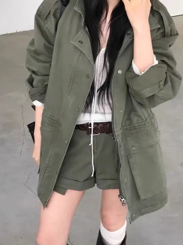 

Весенний комплект: Жакет и шорты с завязками на талии, утягивающие, с манжетами, в стиле рабочей одежды Дондэмун, для женщин