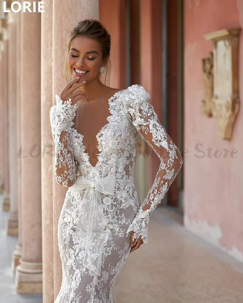 LORIE A-line Lace Applique Wedding Dresses Sexy Long Sleeves Wedding Gown Sheer Perspective Bride Gowns Customized 2025